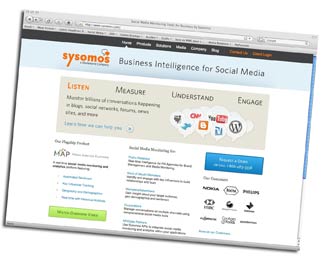 Screen capture of home page for Sysomos, a social media monitoring and analysis tool
